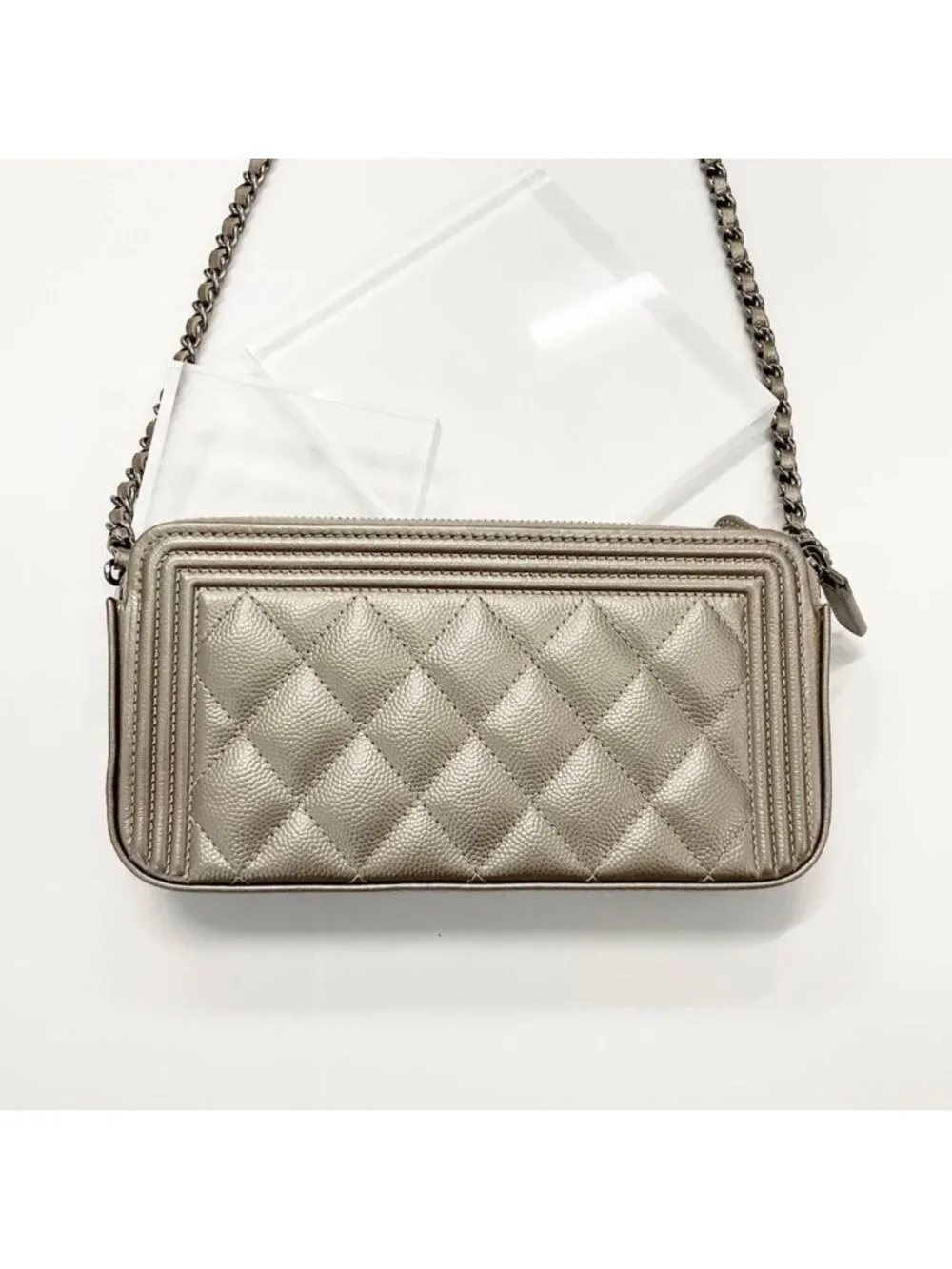 Chanel Caviar Leather CC Logo Boy Chain Wallet Shoulder